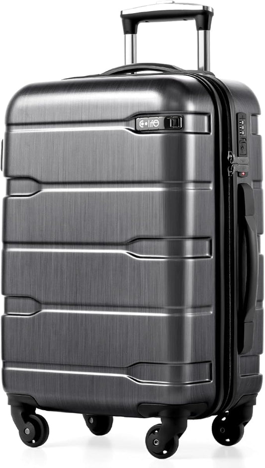 Coolife Carry On Luggage 22x14x9 Airline Approved Hardside PC+ABS Suitcase with TSA Lock, Lightweight Rolling Travel Luggage with Spinner Wheels(Charcoal, 20in)