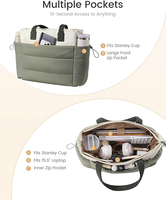 LOVEVOOK Tote Bag for Women with Giant Tumbler Holder Pocket, Puffer Work Travel Laptop Handbag with Zipper for Nurse Teacher