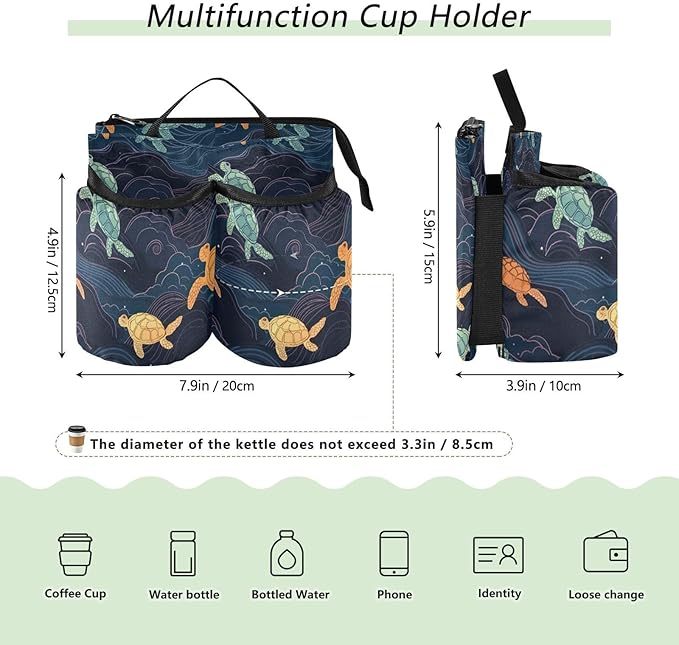 xigua Colored Turtle Travel Luggage Cup Holder,Free Hands Suitcase Drinks Carrier Bag Drink Holder with 2 Coffee Mugs for Flight Attendants,Business Travelers Travel Essential170, 7.9×3.9×4.9in