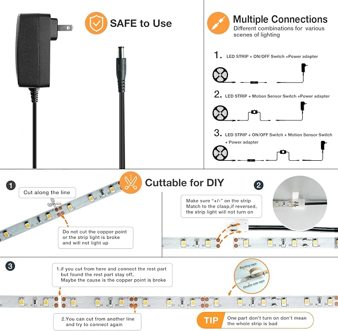 Sensky 8.2ft Motion Activated LED Strip Light Kit with FCC Listed Adapter for Gun Safe, Under Cabinet, Under Bed, Pantry, Kitchen, Stairway, Closet Lighting (Cool White,Upgraded Version)