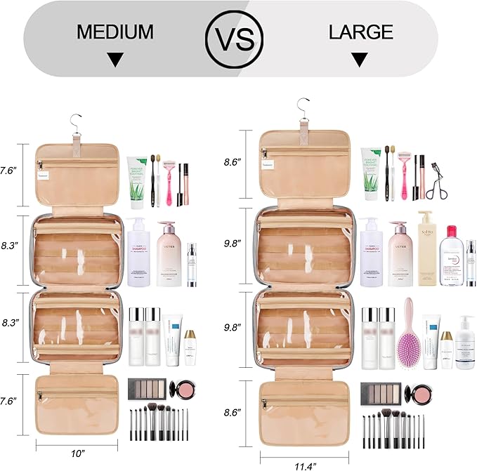 Travel Hanging Toiletry Bag for Women, Holds Full-Size Shampoo, with Jewelry Organizer Compartment, Extra Large Makeup Bag, Waterproof Cosmetic Bag, Toiletries Kit Set with Trolley Belt, Grey