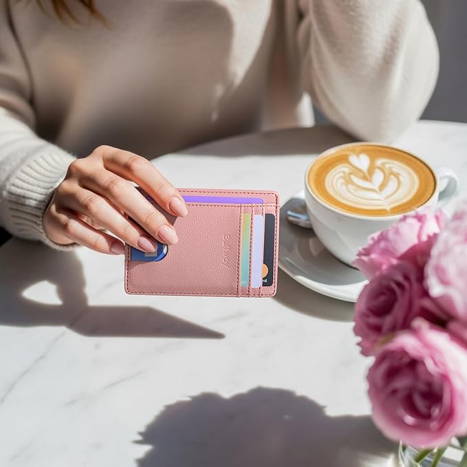 Buffway Slim Minimalist Front Pocket RFID Blocking Leather Wallets for Men and Women - Lichee Pink