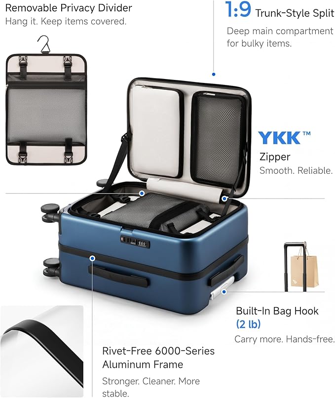 LUGGEX Carry On Luggage Top Opening, FLA Aluminum Frame Trunk Style Luggage, Polycarbonate Hard Shell Suitcase (FX-Enhance, Charcoal Metallic, 20 Inch, 38L)
