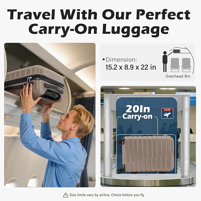 Coolife Carry On Luggage Airline Approved with Spinner Wheels, Hard Shell Suitcase TSA Lock Lightweight Travel Luggage 20-inch,Brown