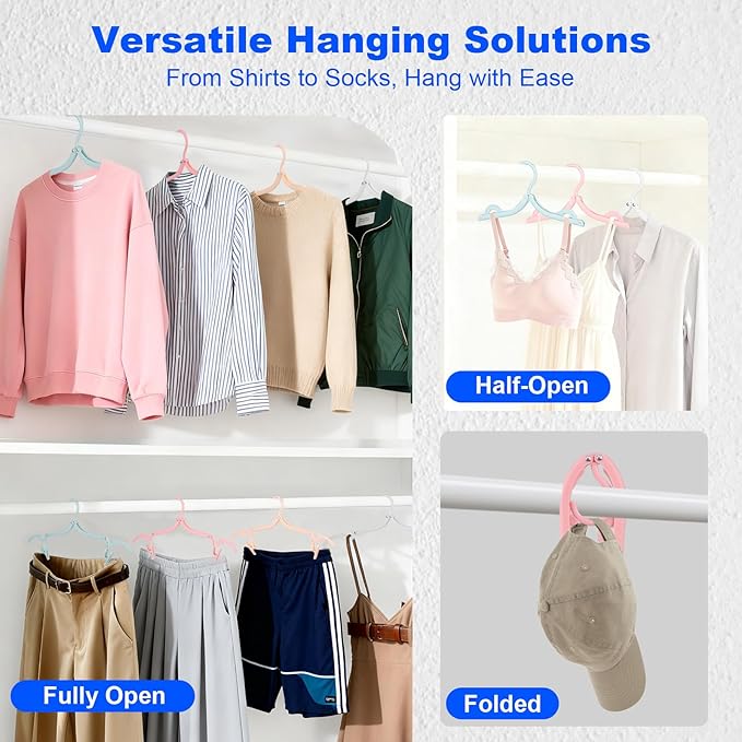 8 Pack Foldable Travel Hangers with 16 Clips & Folding Hanger - Space Saving Portable Collapsible Hooks for Cruise, RV, Hotel (Assorted Colors)