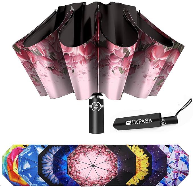 SIEPASA Windproof Travel Compact Umbrella-Automatic Umbrellas for Rain- Folding Umbrella, Travel Compact Umbrella.(Inverted/Tulip)
