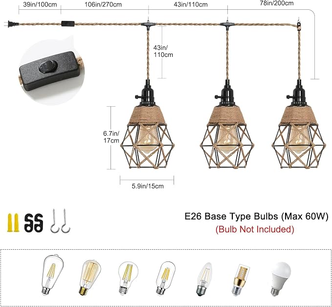 3-Light Hanging Light with Plug in Cord,Plug in Pendant Light 22ft Hemp Rope Pendant Lighting Vintage 3-Light Hanging Lamp Fixtures for Kitchen Island Living Room Bedroom
