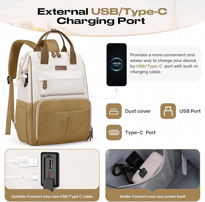 Maelstrom Travel Backpack for Women Men,Laptop Backpack Fits 15.6-17.3 Inch Laptop, Nurse/Work Bag with Insulated Lunch Box (Khaki-beige)