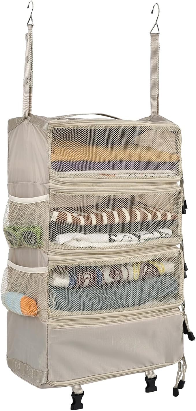 Surblue Travel Hanging Luggage Organizer Portable Suitcase Closet Organizer Multiple Compartments Collapsible Compression Packing Cubes Shelf, Beige, M