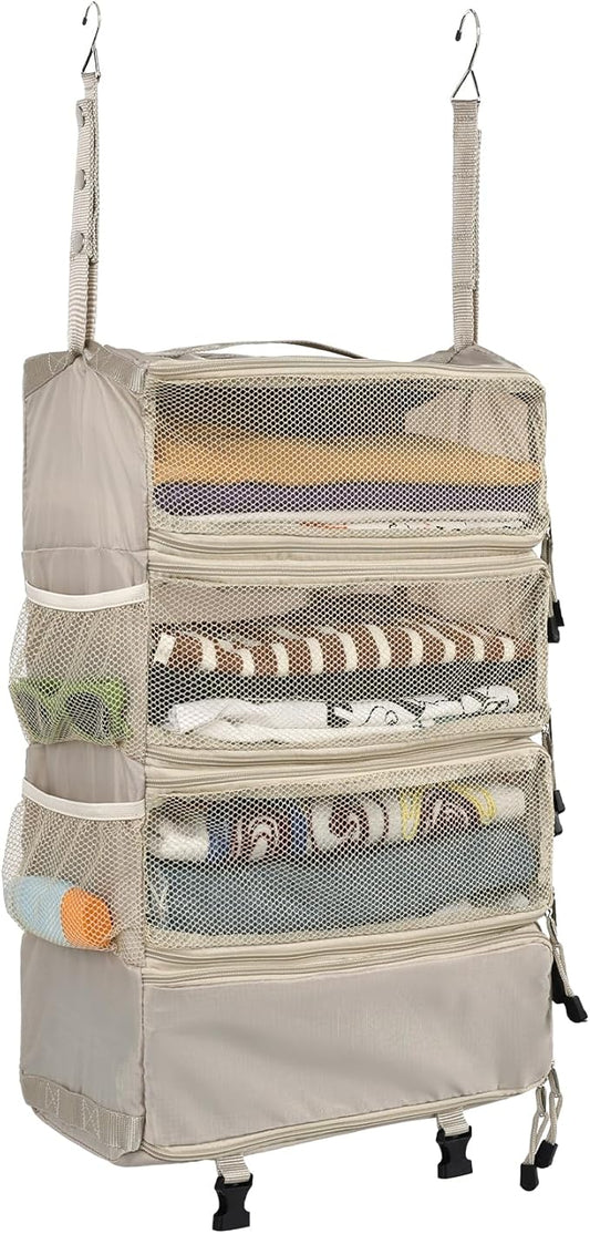 Surblue Travel Hanging Luggage Organizer Portable Suitcase Closet Organizer Multiple Compartments Collapsible Compression Packing Cubes Shelf, Beige, M