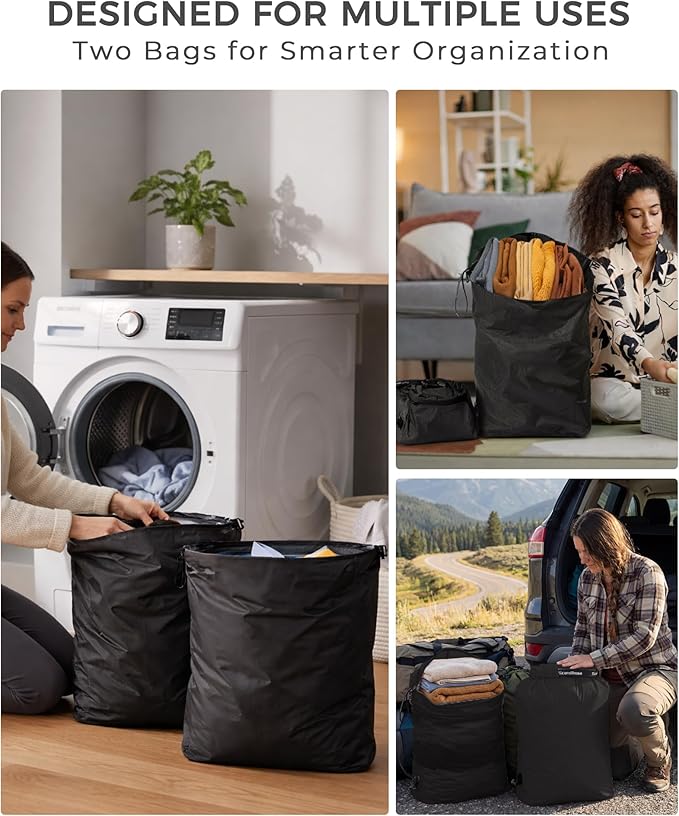 Travel Laundry Bag, Pump-Free Vacuum Compression Dirty Clothes Bag, Reusable Waterproof & Washable Laundry Bag, Wet and Dry Bag, Ideal for Suitcases, Road Trip Essentials (2 Pcs, L+L) Black
