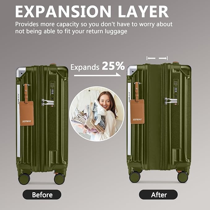 Joyway 5 Piece Luggage Set with Cup Holder, Expandable 25% Capacity, Includes Handbag, Anti Slip Wheels, Hook, Smart Carry On Suitcase for Men and Women, Spinner Travel DarkGreen