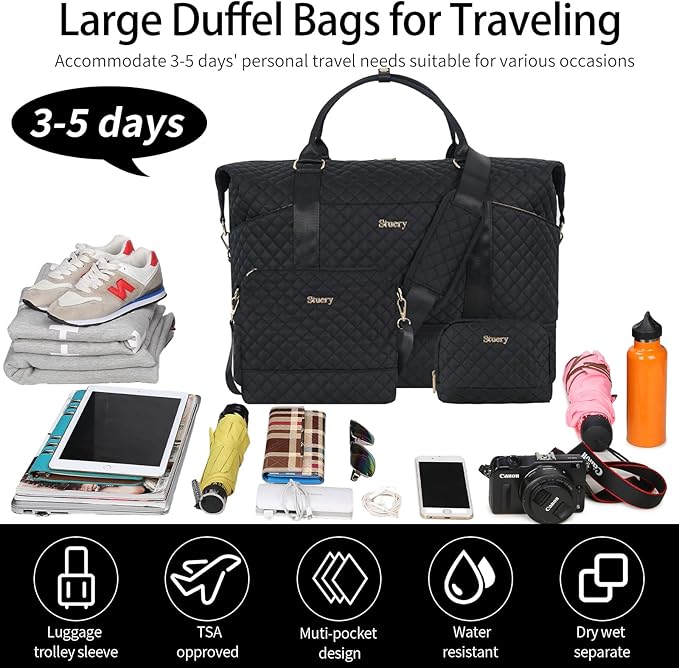 Weekender Bag, Large Travel Duffel Bag for Women, Carry on Overnight Bag with Shoe Compartment and Toiletry Bags