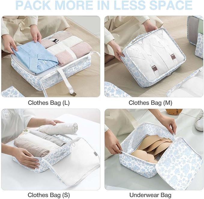 8 Set Packing Cubes for Suitcases,Packing Cube with Shoe, Cosmetics, Clothing, and Accessories Bags Packing Cubes for Travel Luggage Organizer Women Men(Blue Flowers)