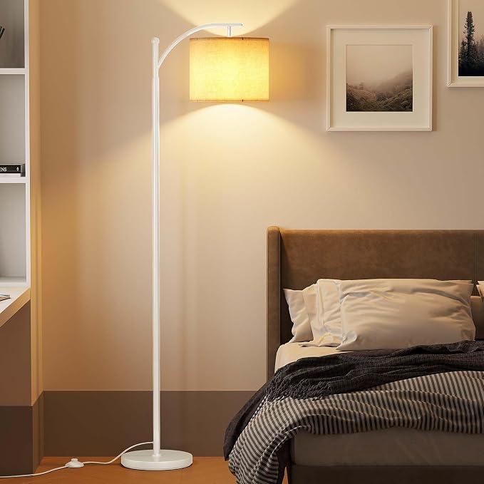 SUNMORY Arc Floor Lamp for Living Room, Modern Tall Standing Lamps, White | 3 Color Temperatures, 9W 800lm LED Bulb, Adjustable Hanging Shade, Foot Switch, Metal Floor Light for Bedroom Office Corner