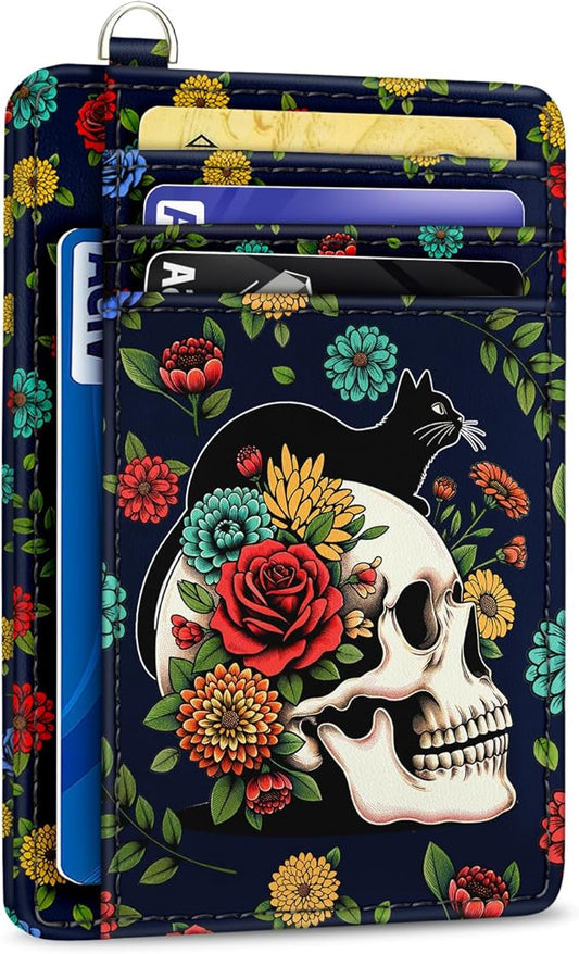 Yonlevres Cat Skull Credit Card Holder Slim Wallet, Floral Goth RFID Wallet Women Front Pocket Small Card Holder, Funny Skeleton Travel Card Case ID Window PU Leather RFID Blocking Card Organizer Gift