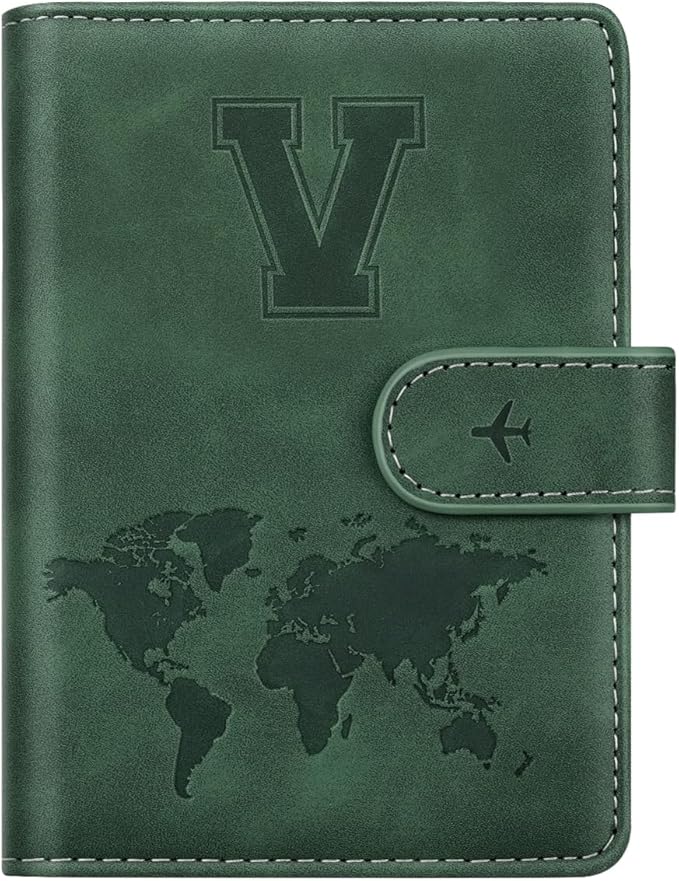 Personalized V Passport Holder Cover Initial Letter Travel Wallet RFID Blocking Passport Cover Credit Card Holder Case Passport Book Holders for Women and Men, Pine Green-V