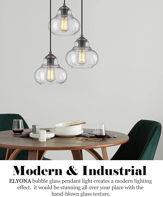 ELYONA 2 Pack Bubble Glass Pendant Lights, 8 Inch Vintage Hanging Lamp Seeded Glass Industrial Pendant Light Fixtures for Kitchen Island, Farmhouse, Bar, Bathroom, Dining Room, Oil Rubbed Bronze