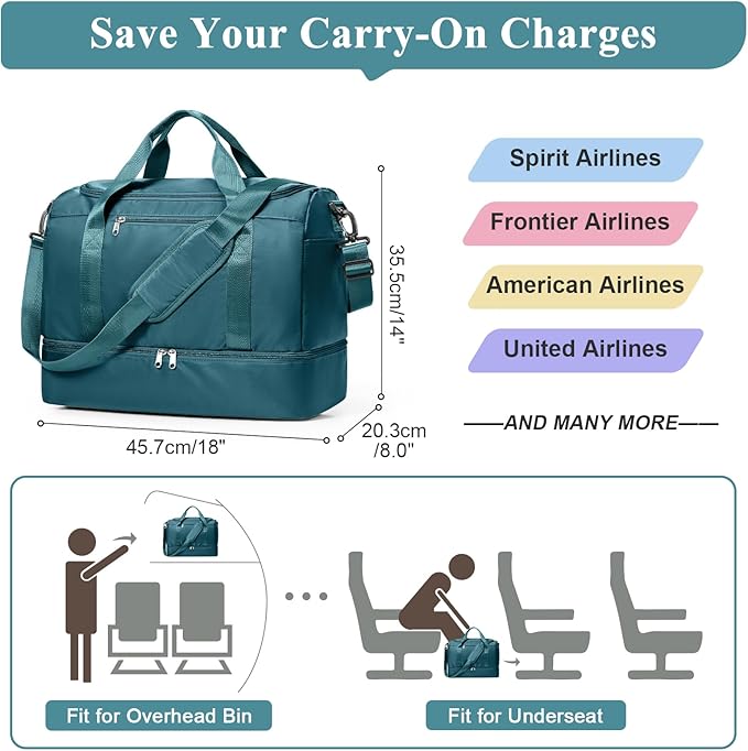 Travel Duffel Bag for Women, Carry-on Overnight Weekender Bags with Wet Pocket & Toiletry Bag, For Spirit Airlines 18x14x8 Personal Item Bag,Small,Peacock Blue