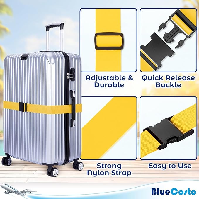 Luggage Straps for Suitcases - TSA Approved - Yellow, 4 PK - Premium Nylon Belts for Suitcase, Briefcase & Travel Bag - Adjustable Strap Length 46" - 78"