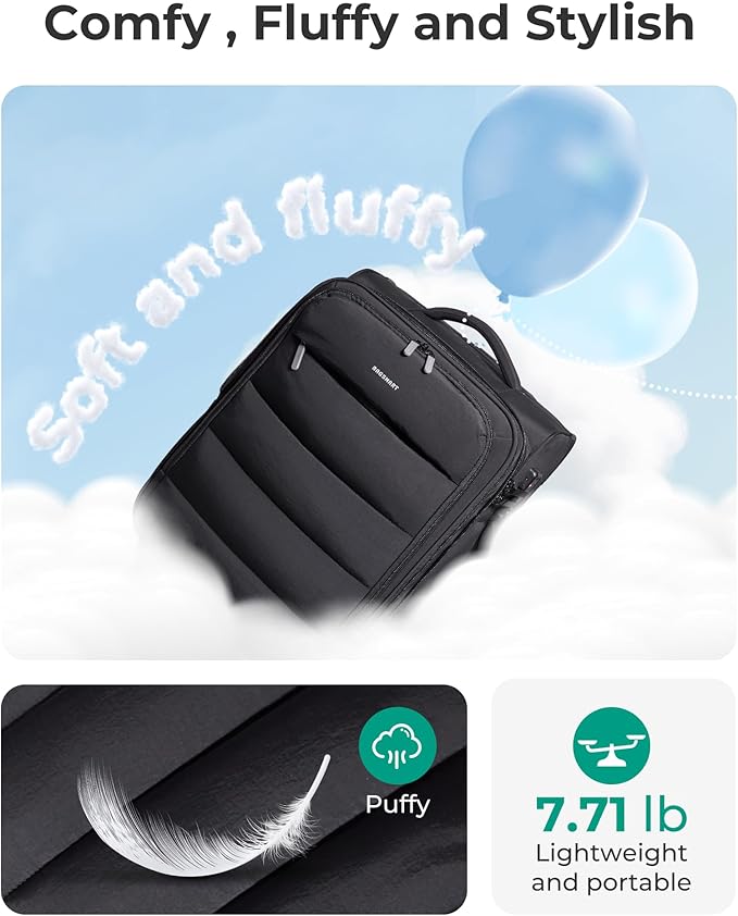 BAGSMART Carry On Luggage 22x14x9 Airline Approved, 20 Inch Soft Suitcase with Wheels, Lightweight Spinner Carry on Suitcase with PVC Wet/Dry Pockets for Short Trip, Black