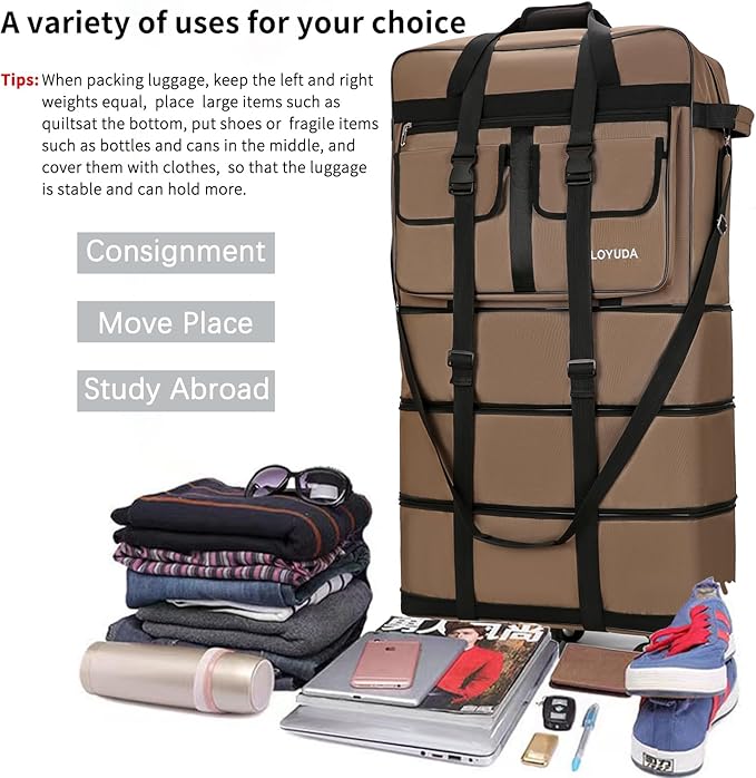 130L Expandable Luggage, 40 Inch Suitcase with Wheels, Collapsible Luggage with Wheels, Rolling Duffle Bag with wheels, Foldable Suitcasewith2Handle Wrap 2Fixing Straps 1Shoulder Strap (khaki)
