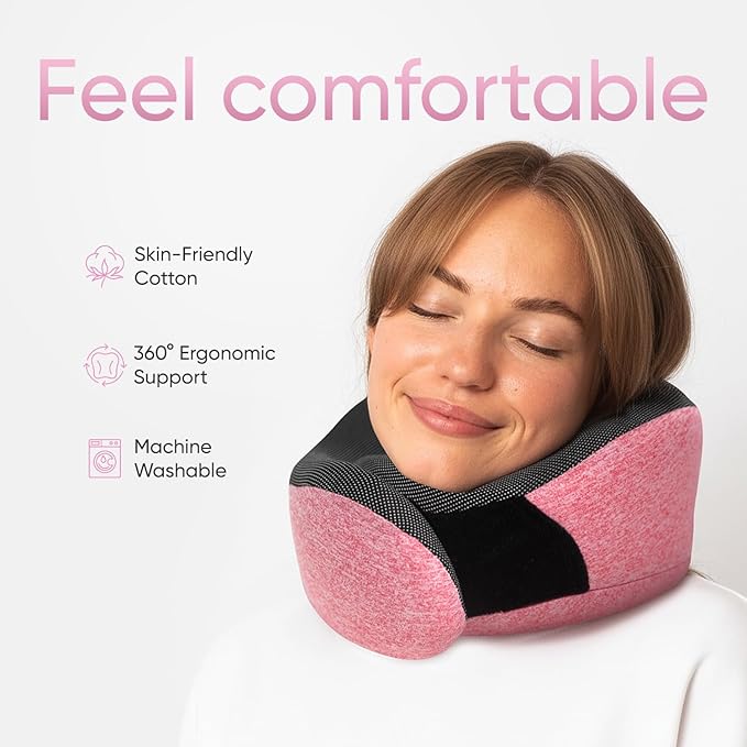 Proglobe Pink Airplane Travel Pillow Set, 100% Pure Memory Foam Neck Pillow, Updated Material, Long Flight Travel Kit with 3D Contoured Eye Masks, Earplugs, and Luxury Bag