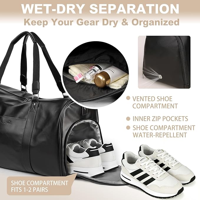 Large 3-in-1 Leather Duffle Bag for Travel Weekender Overnight Hospital Gym Bag for Men & Women, Carry On Airline Approved Personal Item Duffel Garment Bag Luggage with Shoe Compartment & Toiletry Bag