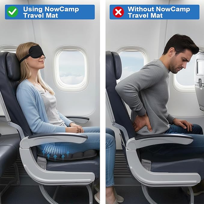 Portable Inflatable Seat Cushion, Airplane Travel Cushion Kit with Storage Pouch, Eye Mask & Earplugs, Fits Airplane Seat/Car/Office/Chairs (49 Air Cells)