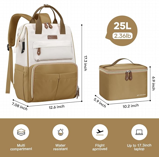 Maelstrom Travel Backpack for Women Men,Laptop Backpack Fits 15.6-17.3 Inch Laptop, Nurse/Work Bag with Insulated Lunch Box (Khaki-beige)