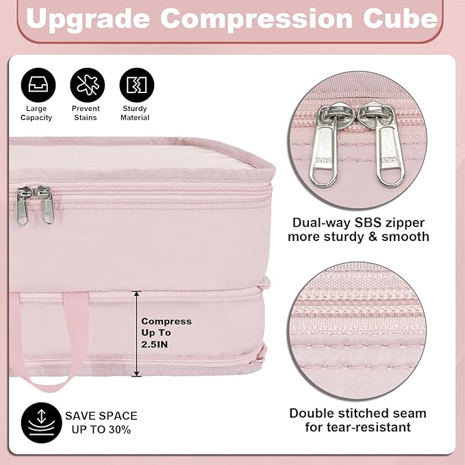 Compression Packing Cubes for Travel Essentials, 2pc Expandable Travel Cubes for Packing Bags Suitcase Organizer, Pink
