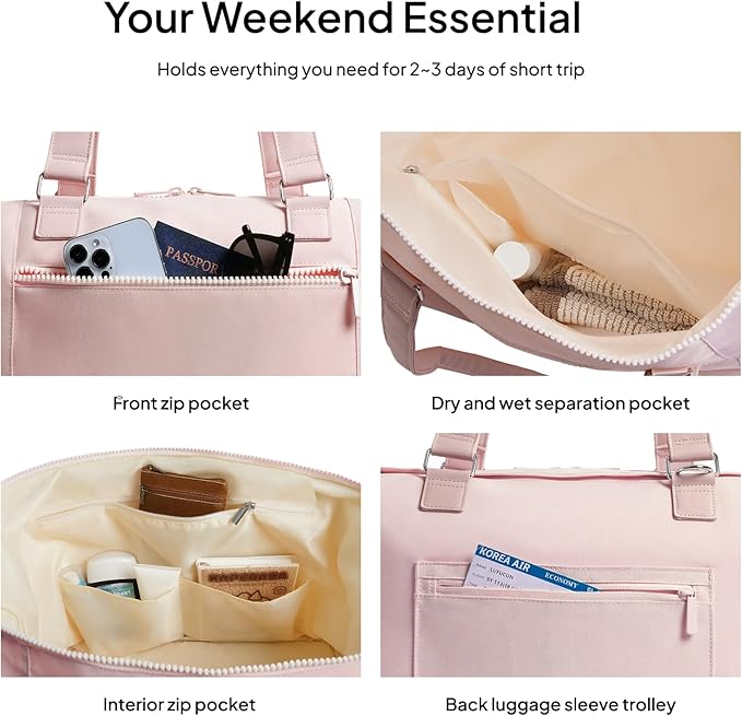 Travel Duffle Bag for Women, 40L Weekender Bags Airline Approved Carry On with Shoe Compartment & Waterproof Wet Pocket, Durable Nylon Weekender Overnight Bag for Travel, Gym, Business Trip, Pink