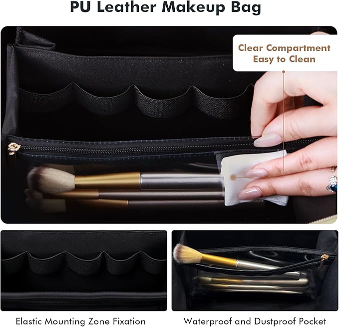 Prite Makeup Bag for Women Travel Waterproof Vegan Leather Cosmetic Bag Open Flat Toiletry Bag With Clear Divider and Handle (Large Black Pro)