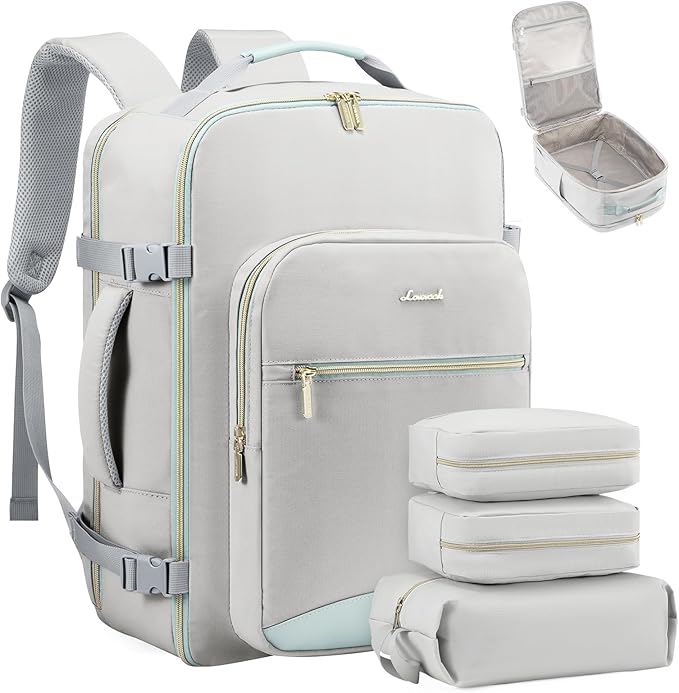 LOVEVOOK Travel Backpack for Women & Men 40L,Airline Approved Carry On Backpack Travel Essentials,TSA Carry on Luggage,Waterproof Personal Item Travel Bag,Suitcase with 3 Cubes,Light grey-Mint green
