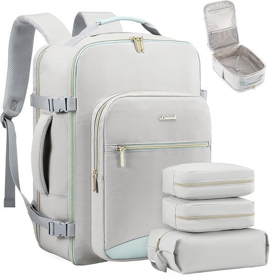 LOVEVOOK Travel Backpack for Women & Men 40L,Airline Approved Carry On Backpack Travel Essentials,TSA Carry on Luggage,Waterproof Personal Item Travel Bag,Suitcase with 3 Cubes,Light grey-Mint green