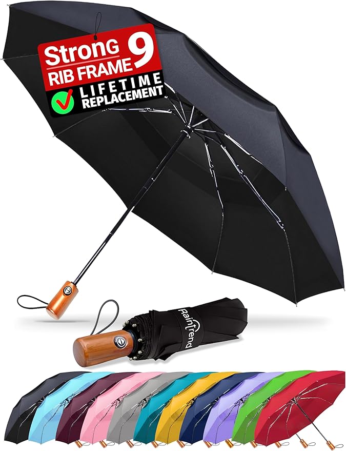 Raintrend Windproof Travel Umbrellas for Rain Automatic +10% Bigger Canopy Strong Frame Compact Folding Portable Umbrella for Women Men Backpack Purse