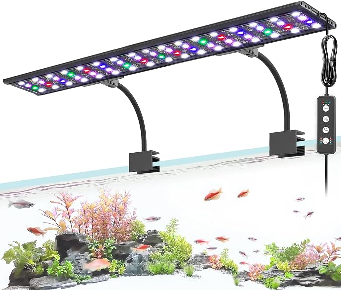 AQQA Clip On Aquarium Light, 24/7 & DIY Mode Full Spectrum Fish Tank Light | Adjustable Timer & Brightness, Memory Function, IP68 Waterproof LED Aquarium Plant Light, Fits 48–55 Inch Tanks
