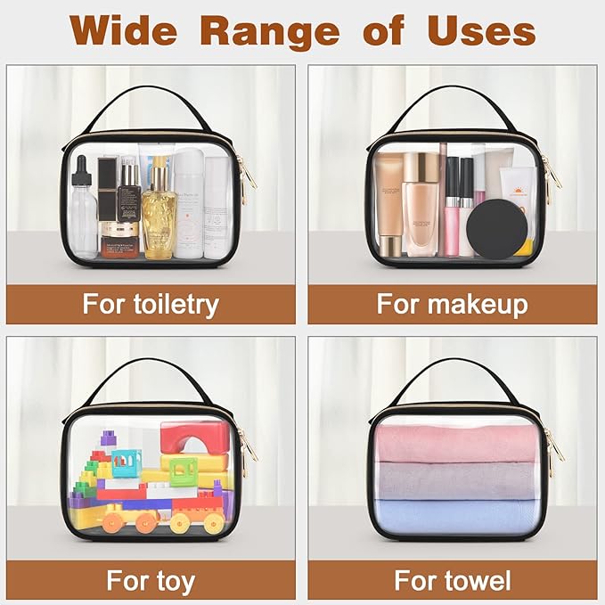 Wedama TSA Approved Toiletry Bag, 2 Pack Clear Makeup Bags with Handles, Quart Size Clear Toiletry Bags, PVC Cosmetic Bags for Women and Men, Carry on Airport Airline Compliant Bag, Black