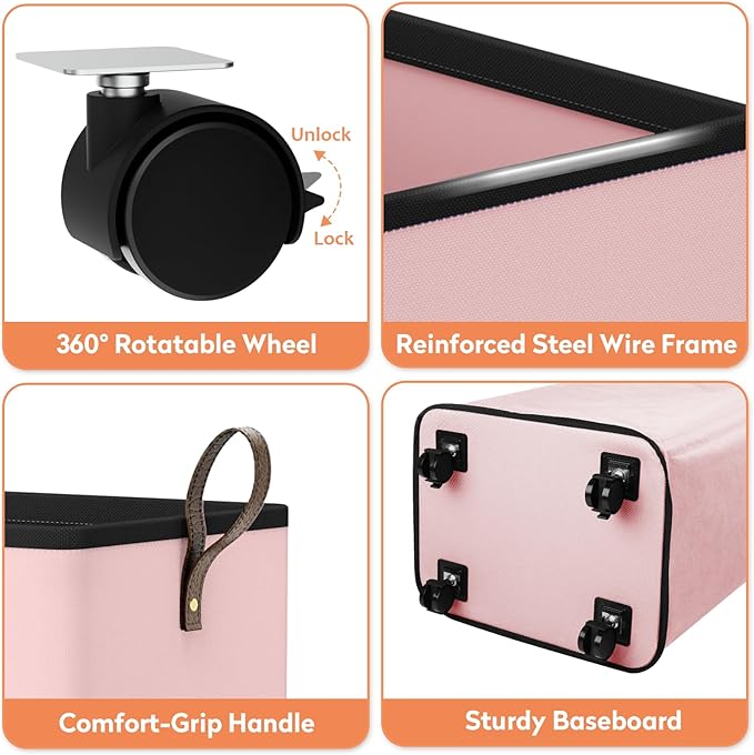 Laundry Basket with Wheels, Collapsible Laundry Baskets, Laundry Hamper with Handles Detachable Wheels, Rolling Laundry Basket, Dirty Clothes Hamper for Bathroom, Dorm, Bedroom, Pink, 100L