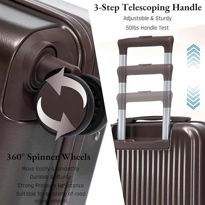 2 Pcs ABS Spinner Luggage Set - 14" Cosmetic Case & 20" Carry-On with Combination Lock, Front Opening Design, Brown