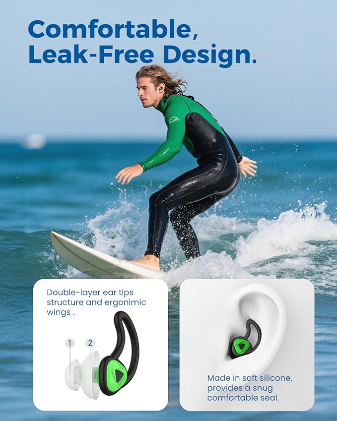 Ear Plugs for Swimming–2 Pairs Soft Silicone Reusable Waterproof Earplugs for Adults & Men Women, Custom Fit for Swimmers Ear, Pool, Beach, Snorkeling, Surfing, Kickboard Training(Blue&Green)