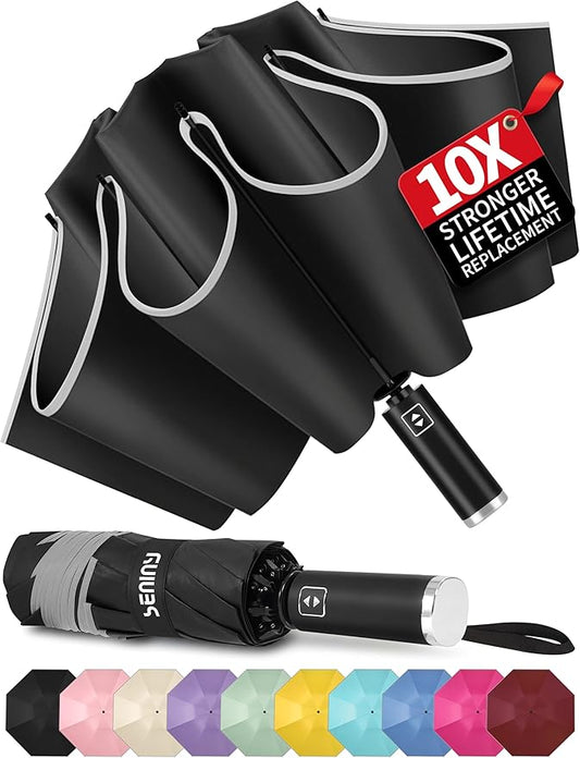 Seniny Inverted Travel Umbrella Compact - Windproof Umbrellas for Rain with Reflective Strip, Large UV Umbrella for Sun Protection, Automatic Portable Umbrellas Fold in Reverse for Car, Backpack