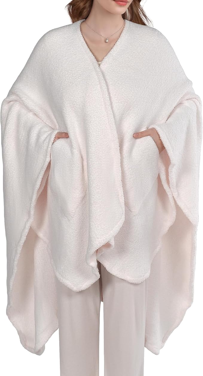 JOOJA Wearable Blanket Super Soft Feather Yarn Blanket Shawl with Pockets Fuzzy Throw Blanket TV Blanket for Adults Teens