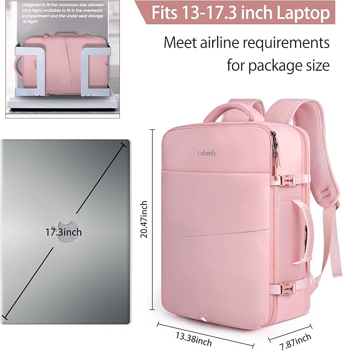 Lubardy Travel Backpack for Men Women 17 Inch Flight Approved Carry on Backpack Waterproof Large 40L Luggage Daypack Business College Weekender Overnight Laptop Backpack with 3 Packing Cubes, Pink