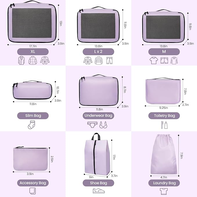 Mesh Packing Cubes for Travel, Durable Luggage Organizer with Sturdy Material and Double Zippers, Comprehensive Set for Travel Accessories Storage, 10 set, purple
