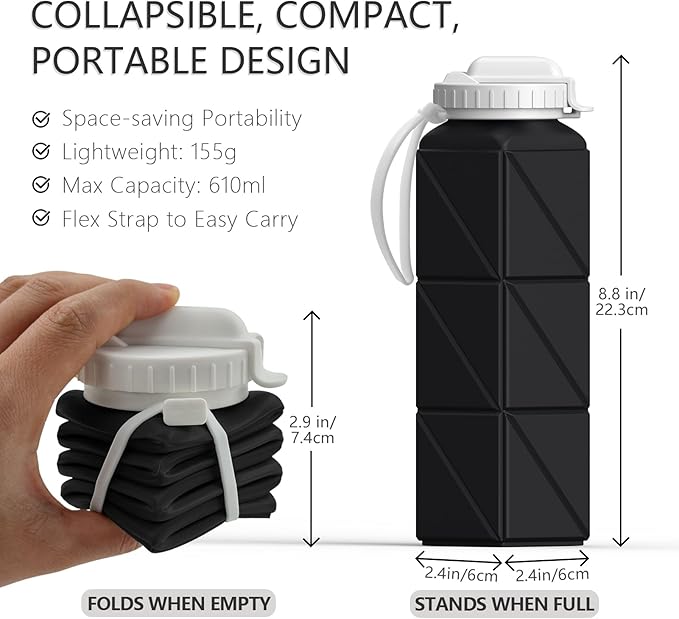 Collapsible Water Bottles with Straw 20.6oz, Silicone Foldable Portable Water Bottle, BPA-Free, Leakproof Reusable for Travel Camping Hiking Cycling Yoga Sports, 2 Pack (Black+Starlight)