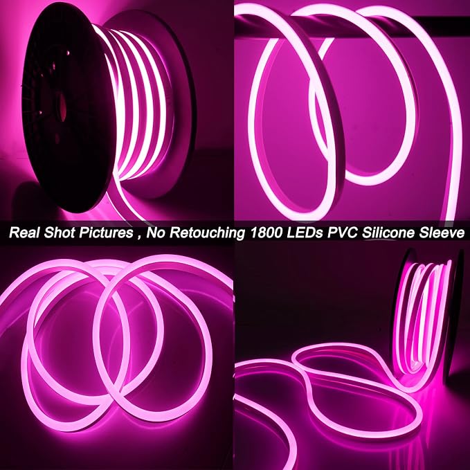 50ft Pink LED Neon Lights, IP65 Waterproof LED Light Strip Flexible Cuttable AC 110V LED Rope Lights DIY, Indoor Outdoor for Residential, Commercial Building Decoration