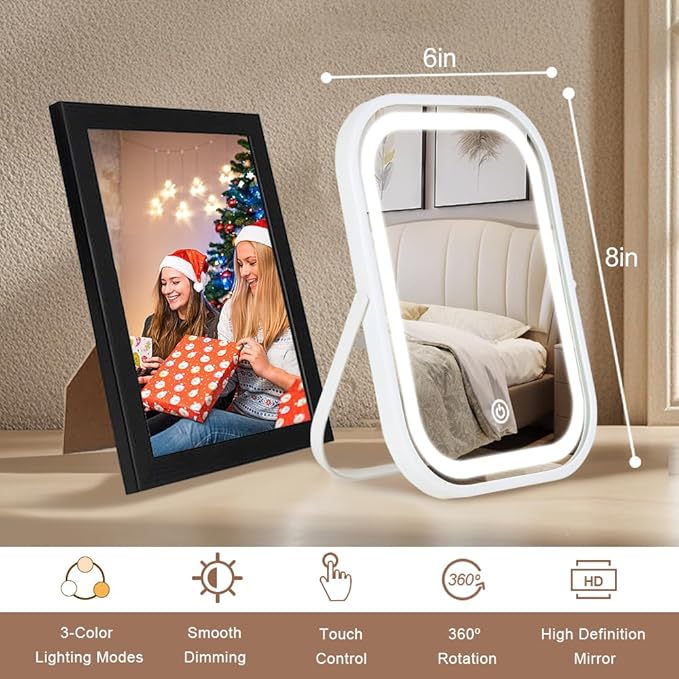 YEKKOPT Travel Makeup Mirror with Lights, Portable Small Beauty LED Vanity Mirror with Lights, 1200mAh Battery, Dimmable Touch Screen, Tabletop Folding Compact Mirror,Women Gift