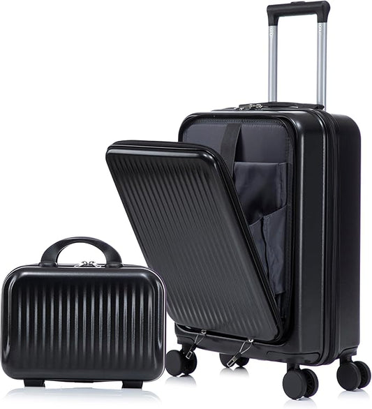 2 Pcs ABS Spinner Luggage Set - 14" Cosmetic Case & 20" Carry-On with Combination Lock, Front Opening Design, Black