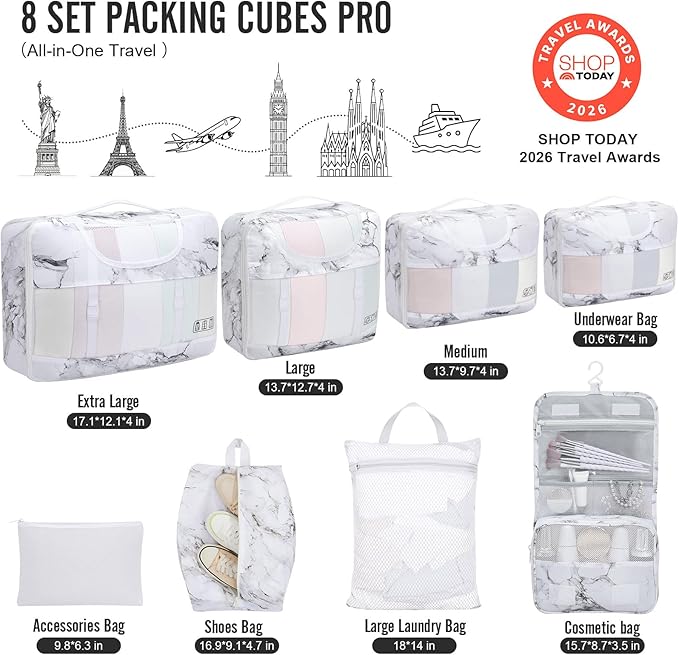 Veken 8 Set Packing Cubes for Travel Essentials, Suitcase Organizer Bags in 4 Sizes, Carry-On Luggage Accessories with Large Laundry & Hanging Toiletry Bag, Must-Have for Airplane, Road Trip & Camping